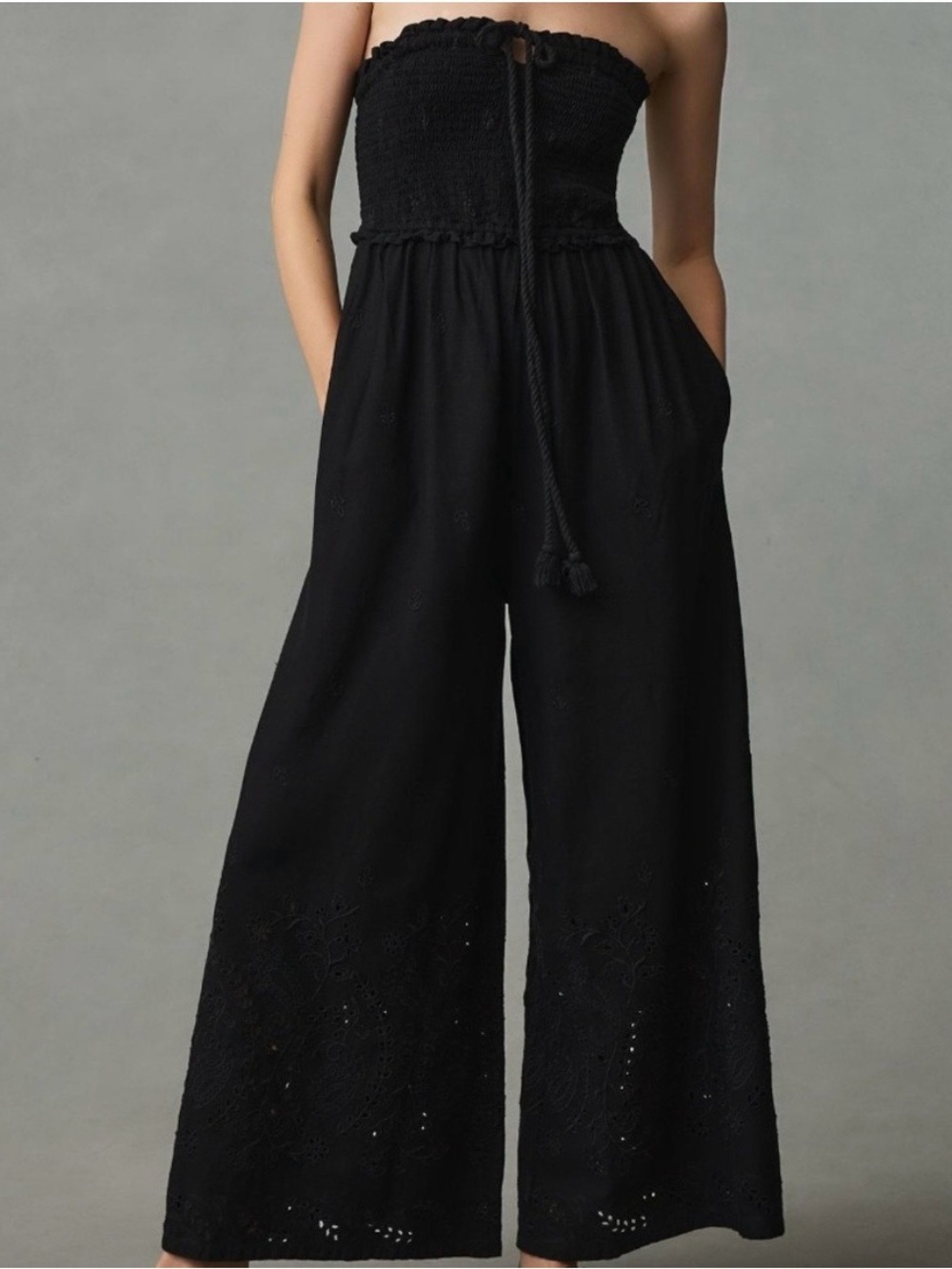 Anthropologie Black Strapless Eyelet Wide-Leg Jumpsuit